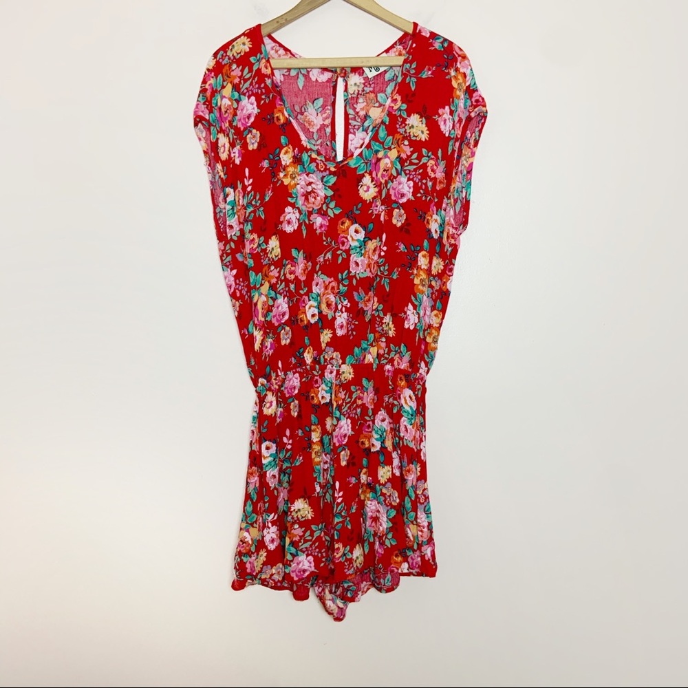 SMYM Short Sleeve Red Floral Love Rowdy Romper